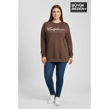Süperlife Kadın Büyük Beden El Yazılı California Baskılı Bisiklet Yaka İnce Sweatshirt Spr26bswk956-7 Kahverengi