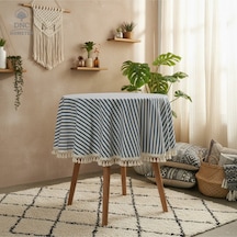 Dnc Home Tekstil Lacivert Çizgili Keten Yuvarlak Ham Ponponlu Masa Örtüsü Lacivert