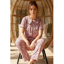 Siyah İnci Yakalı Düğmeli Fitilli Kaşkorse Örme Pijama Takım 26120503 Pudra Pembe Çiçek