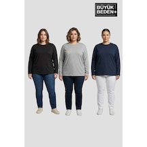 Süperlife Kadın Büyük Beden 3'lü Set Uzun Kollu 2 İplik Bisiklet Yaka Tişört Spr26bts942+2 Siyah