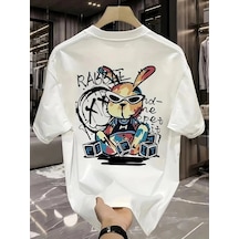 Freedom Storee Erkek T-shirt Tavşan Baskılı Kısa Kollu Tişört - Beyaz Çok Renkli