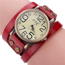 Kırmızı Vintage Deri Bileklik Saat Kadın Deri Bambu Kadın Saati Klasik