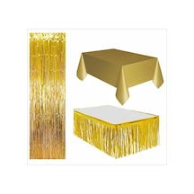 3 Parça Gold Masa Örtüsü, Gold Masa Eteği, Gold Arka Fon