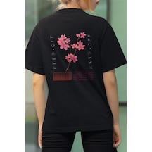 Pink Flowers Ön - Arka Baskılı Tişört Siyah