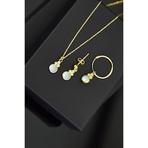 Papatya Silver 925 Ayar Gümüş Gold Kaplama Beyaz Opal Yuvarlak Kolye Çivili ve Halka Küpe Set