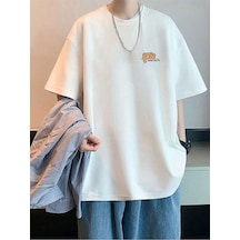 Unisex Beyaz Oversize Super Polite Bear Baskılı Örme T-shirt Beyaz