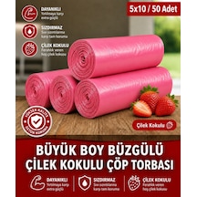 50 Adet Çilek Kokulu Büyük Boy Büzgülü Çöp Torbası 65x70 5x10