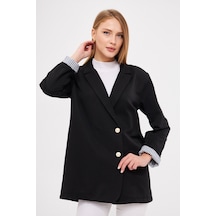 Armonika Kadın Siyah Kruvaze Yaka Kolu Katlama Detaylı Oversize Vatkalı Blazer Ceket Arm-25k001015