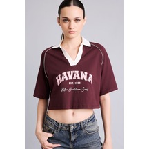Defacto %100 Pamuk Oversize Kontrast Polo Yaka Baskılı Crop Tişört I6806ax26aubr2 Bordo-br2
