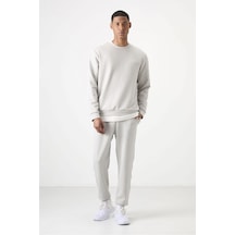 Tommy Life Taş Pamuklu Kalın Yumuşak Dokulu Comfort Fit Nakışlı Erkek Eşofman Takım - 85254 Taş Rengi Taş