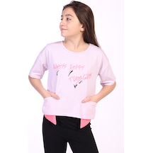 Toontoy Kids Toontoy Kız Çocuk Baskılı Bisiklet Yaka Kısa Kollu Asimetrik Tişört Açık Lila