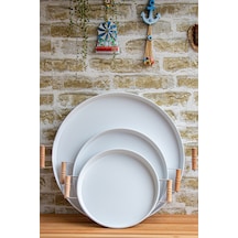 Kitchen Trend Ahşap Kulplu Metal Çay Kahve Sunum Tepsi Seti 3'lü