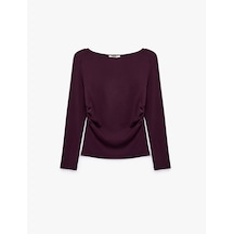 Koton Slim Fit Uzun Kollu Büzgü Detaylı Yuvarlak Kayık Yaka Tişört Mürdüm 7wak50156ek Mor