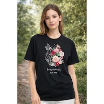 Herkesemoda Beautiful Thought Baskı Detaylı Basic T-shirt Siyah