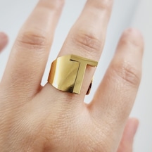 Çelik Gold Düz Kesim Harf Yüzük -t Harfi- Ayarlı Ölçü-1899 Altın