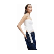 Koton Fırfır Detaylı Asimetrik Dantelli Straplez Crop Bluz Ekru 5sal30060ık Ekru