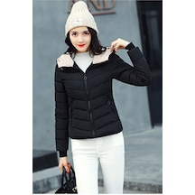 Kışlık Kapüşonlu Kısa Kadın Şişme Mont Siyah