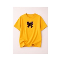 Herkesemoda Kurdele Baskı Baskılı Kadın Bisiklet Yaka Pamuklu T-shirt Sarı