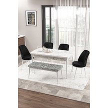 Canisa Concept Zen Serisi 80x132 Mdf Açılabilir Beyaz Mermer Desen Masa Takımı 4 Zebra Sandalye Ve 1 Siyah Bench Masa Beyaz Mermer Sandalye Zebra Ve Bench Siyah