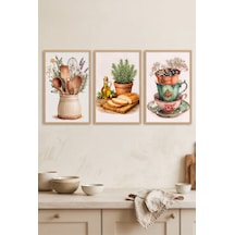 Doğal Ahşap Çerçeveli Vintage Mutfak Temalı Duvar Tablosu 3 Lü Set Botanik Ve Sofra Desenli Modern Dekorasyon Kabartma Görünümlüdür Bej - 925628143 Bej