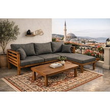 Puzzle Masif Kestane Ahşap Bahçe Balkon Sehpalı Köşe Takımı Antrasit
