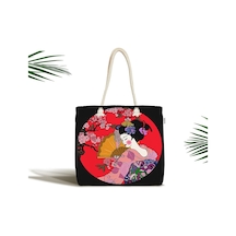Unisex Siyah Çiçek Desenli Yelpazeli Japon Kız Motifli Fermuarlı Plaj Çantası