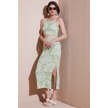 Lela Slim Fit Ip Askılı Yırtmaçlı Midi Alt-Üst Bayan Takım 5869021 Olive