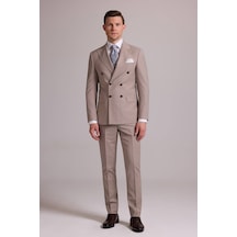 Erkek Krem Slim Fit Kruvaze %100 Yün Takım Elbise