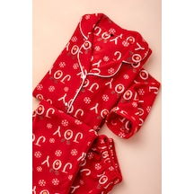 Nisanca Kışlık Yılbaşı Desenli Kadın Gömlek Polar Pijama Takımı- Geyikli Yılbaşı Pijaması- Büyük Beden Pijama Kırmızı