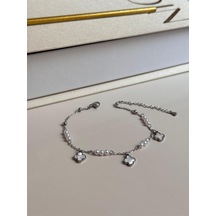 İnci Boncuklu Beyaz Çiçek Figürlü Gümüş Renk Kadın Halhal Gümüş