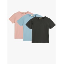 Koton 3'lü Basic Tişört Seti Kısa Kollu Çok Renkli Pembe 4skb10552tk Gül