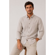 Slim Fit Uzun Kol Cepsiz Çizgili Keten Likra Hediye Kutulu Erkek Gömlek Fs-004581 - Bej-3336