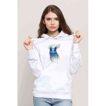 Watercolor Owl 2 Baskılı Kadın Kapüşonlu Beyaz Sweatshirt