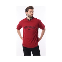 Madmext Bordo V Yaka Baskılı Kısa Kollu Overfit Tişört 7039 Bordo