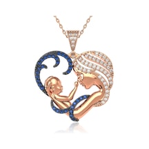İndigo Takı Safir Taşlı Kalpli Anne Bebek Rose Gümüş Kolye