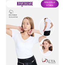Alya Underwear V Yaka Kaşkorse Kumaşlı Kısa Kollu Bluz, Esnek Ve Pamuklu Kumaş Badi, Bej Kemik Body Beyaz