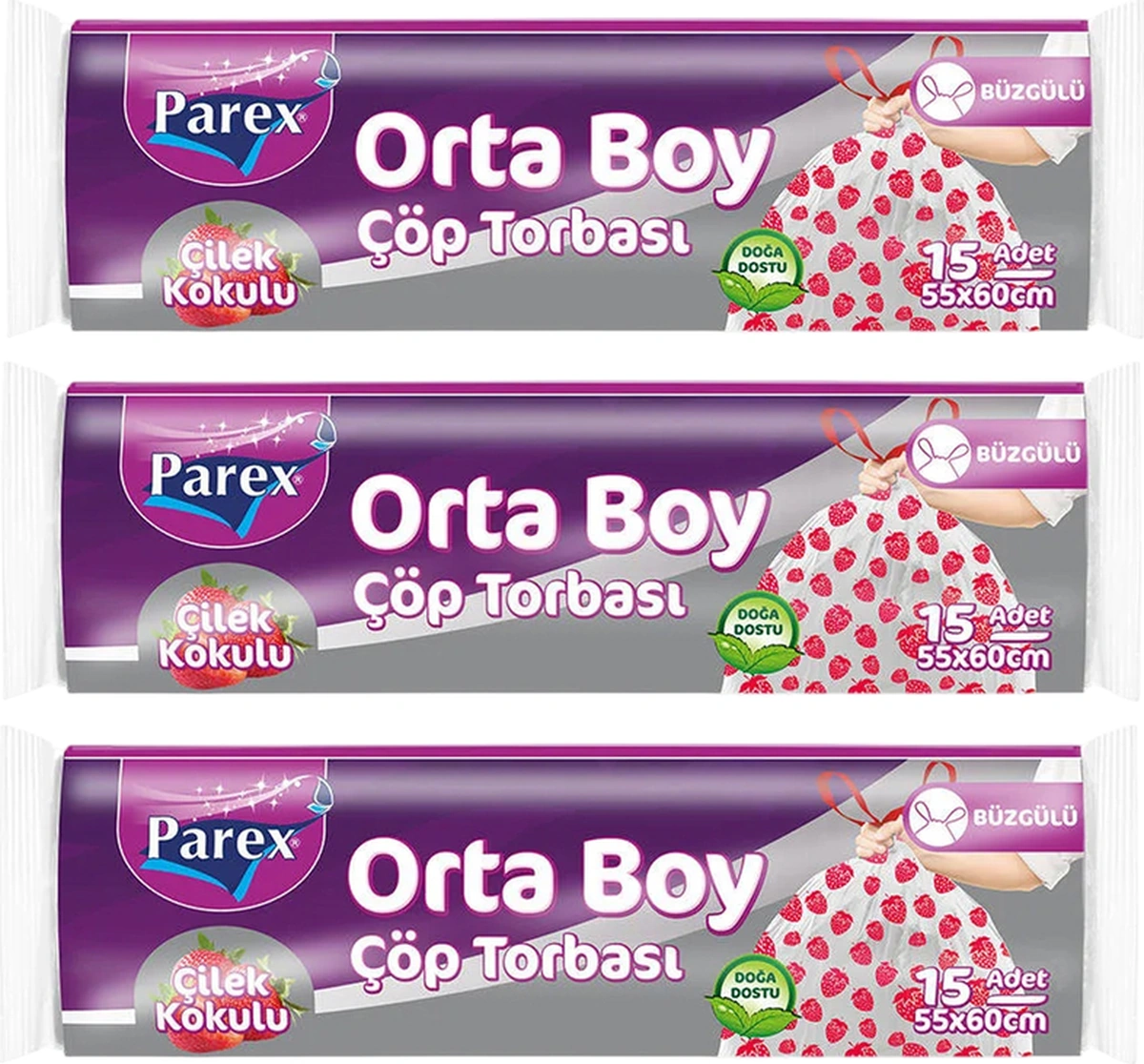 Premium Büzgülü Çöp Torbası Çilek Kokulu Orta Boy 15'li 55 X 60 Cm Üçlü Paket