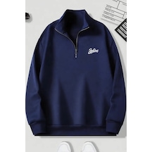 Lacivert Fermuarlı Dikyaka Sweatshirt- Mini Believe Baskılı- Kışık Şardonlu Kumaş Lacivert