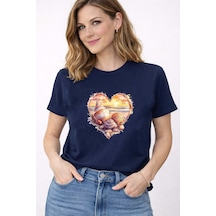 Herkesemoda Sunset Love Deniz Tema Baskı Detaylı Bisiklet Yaka Pamuklu Basic T-shirt Lacivert