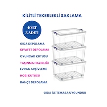 40 Lt Tekerlekli Şeffaf Saklama Kutusu Kilit Kapaklı Gıda Temasına Uygun Kıyafet Ve Oyuncak Depolama Beyaz