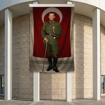 Elinde Bastonu İle Üniformalı Mustafa Kemal Atatürk Poster Bayrak Premium Raşel Kumaş Ata62 2x3m Diğer