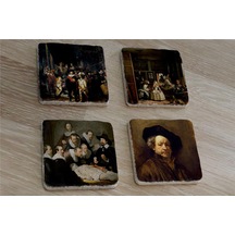 Rembrandt Otoportre Ve Eserleri Doğal Taş Bardak Altlığı 4'lü Set - Natural Stone Coasters - Taş