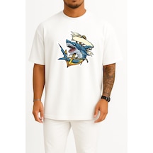 Bahriyeli Collection Oversize Köpekbalığı Ve Çapa Göğüs Ve Sırt Baskılı Unisex T-shirt Beyaz