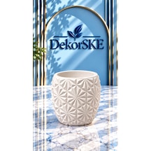 Dekorske - Taş Tozu Geometrik Saksı Ve Mumluk - 7x8 Cm - El Yapımı Kabartmalı Dekoratif Mini Saksı Ve Çok Amaçlı Ev Dekoru Beyaz