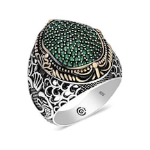 Premium 925 Ayar İthal Gümüş Yeşil Zirkon Taşlı Oval Erkek Yüzük - 27 Ölçü