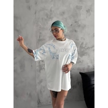 Kadın Bisiklet Yaka Baskılı Oversize Kısa Kol T-shirt - Beyaz Beyaz