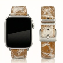 Goldoni Apple Watch Uyumlu Antik Bej İnce Gerçek Deri Kordonu Metal Köprülü
