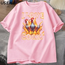 Flood Of Style Ben Aşk Cocks Roosters Komik Meme T Shirt Erkekler Kadınlar Komik Grafik T Shrts Çiftçi Tavuk Pembe