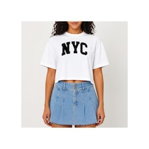 Urbantrendstore Crop Tişört Beyaz New York City Baskılı Rahat Kesim Raw Cut Basic Kısa Tshirt Beyaz