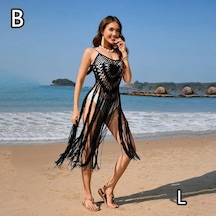 Boho Stili Oymalı Saçaklı Tunik Plaj Elbisesi Siyah